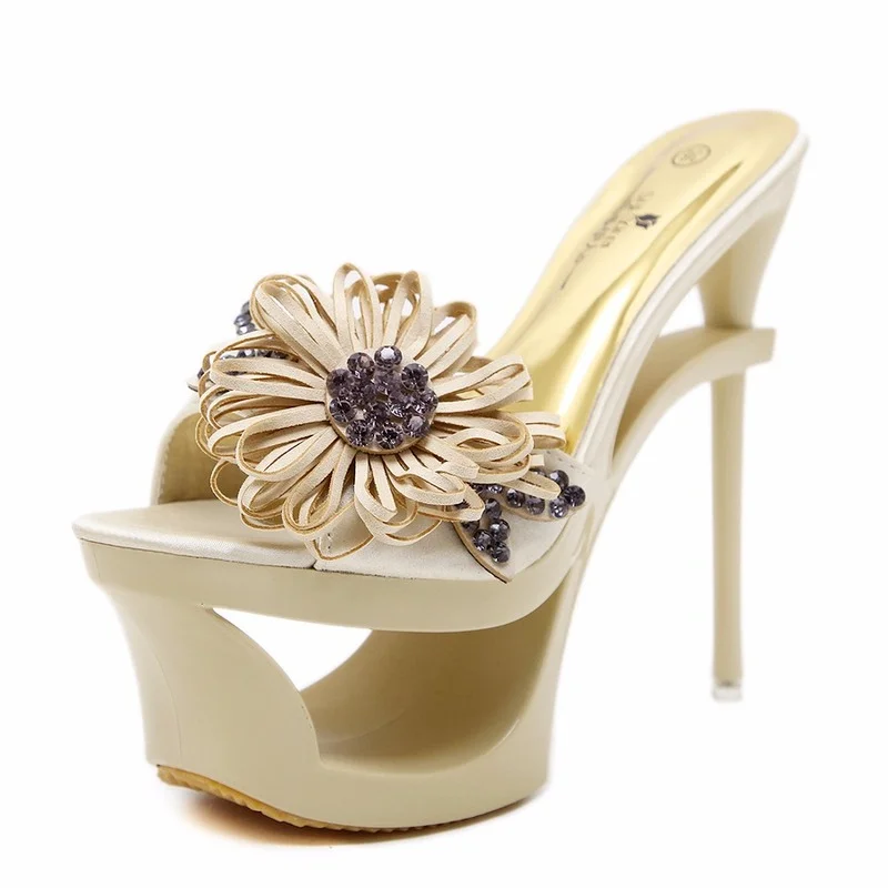 

New Women's Sandals Satin-encrusted Chiffon Floral Waterproof Platform Shaped High-heeled Slippers Women Slides Shoes