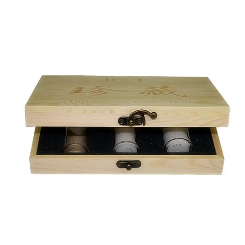 

Wooden Storage Box Display Collection Case Protector with 3 Pcs Clear Round Screw Top Coin Tubes Holders for 25/27/30mm Coins