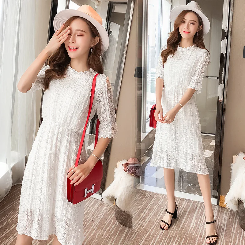

Korean version of super fairy temperament white lace mid-length section, waist slimming, small fresh dress women