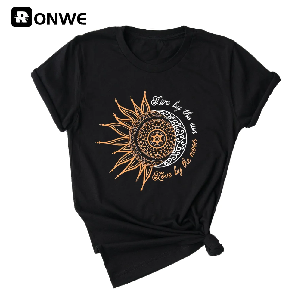 Женская футболка с забавным принтом Live By The Sun Love Moon Летние черные модные топы для