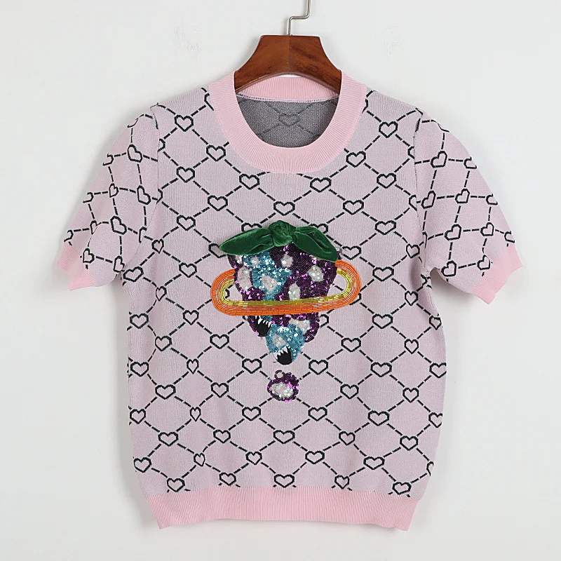 

Diamond love jacquard sweater summer of 2021 the European and American bowknot grape embroidery sequins thin T-shirt frock