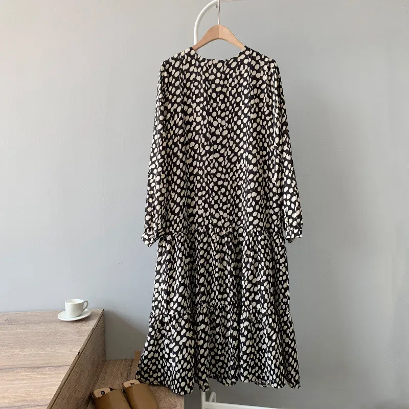 Черный Осенние корейские шифоновые платья Vestidos, офисное винтажное Женское зимнее платье в горошек, платье миди с цветочным принтом и длинным рукавом, женское YX0265 - Цвет: Черный