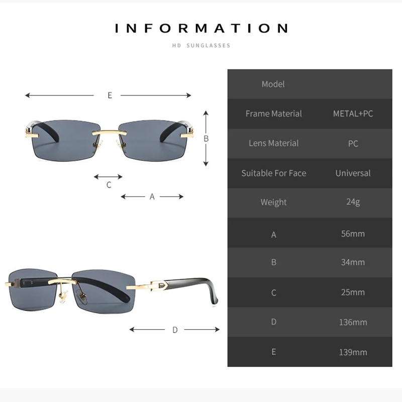 

Vintage Luxury Designer Brand Fashion Rimless Rectangle Sunglasses Women Men Square Colorful Sexy Lady Sun Glasses Shades UV400