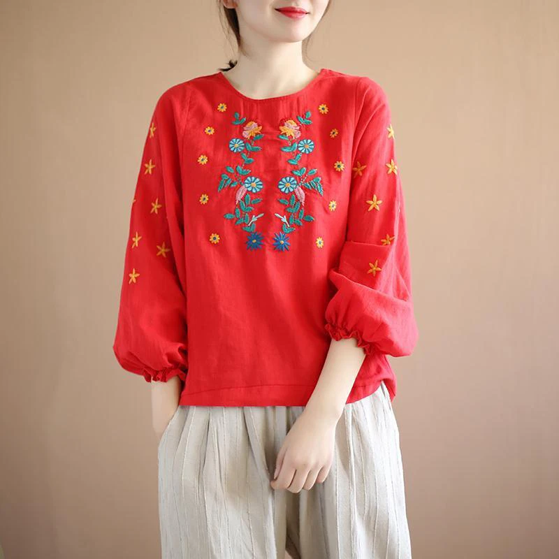 

Summer Style Women Puff Sleeve Loose Casual Tshirt Floral Embroidery Cotton Linen Vintage Tee Shirt Femme Tops Plus Siz S924