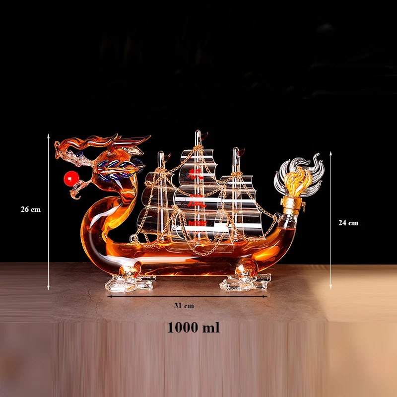 

Chinese Dragon boat style design home bar whiskey decanter lead-free glass wine decanter for Liquor Scotch Bourbon 1201-08