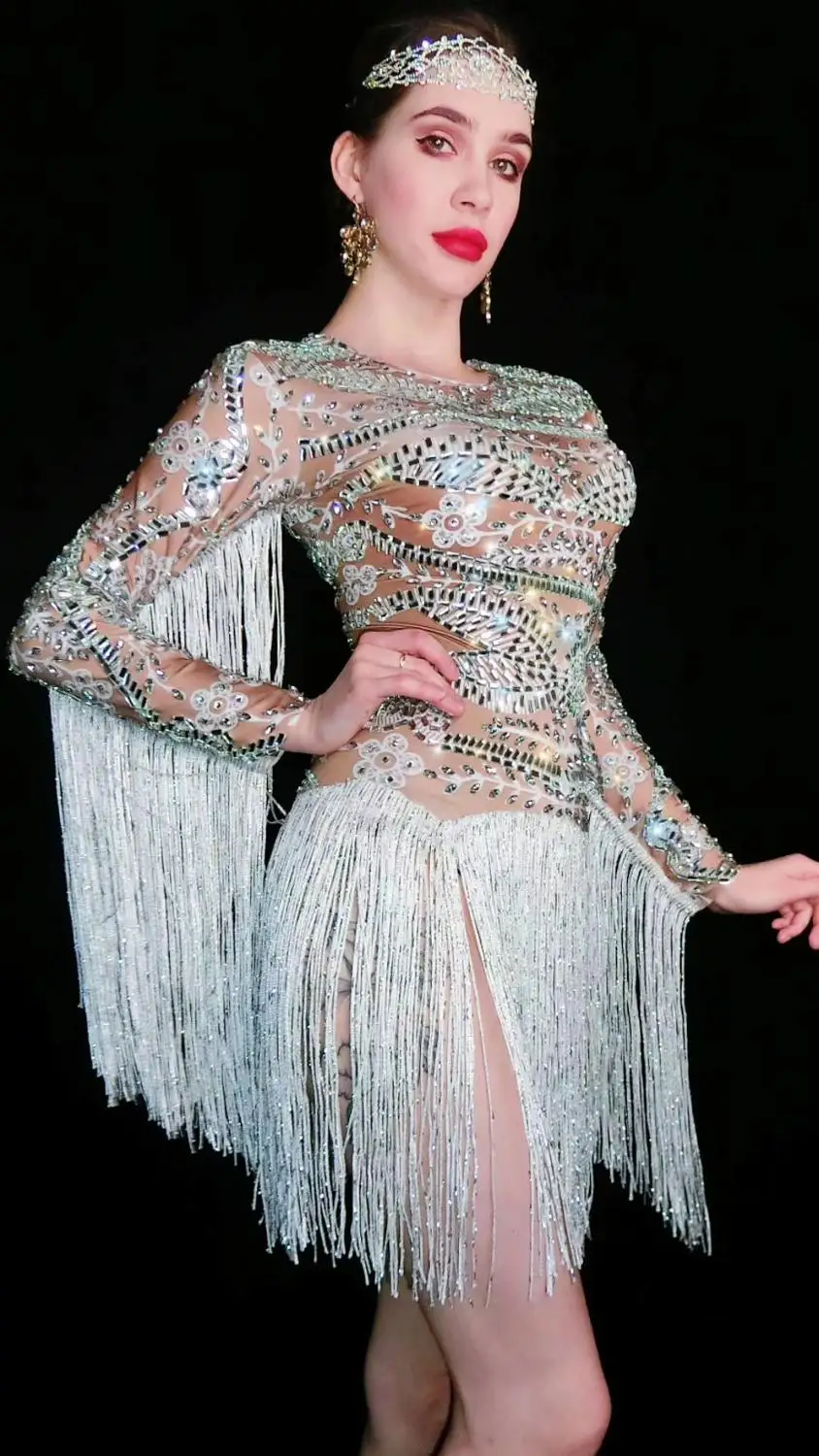 Vintage Print Rhinestones Tassel Bodysuit Women Jazz Modern Dance Costume Nightclub Bar DJ Singer Dancer Performance Bodysuit