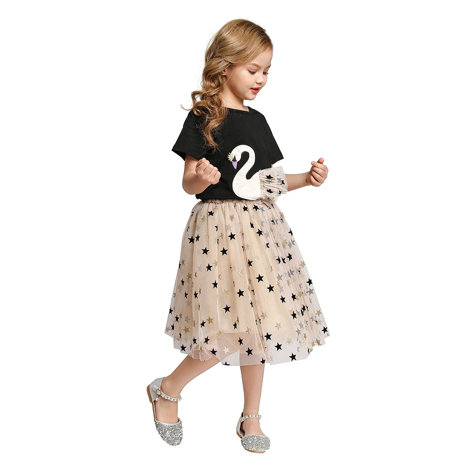 LUCKKIDS Girls Summer T Shirt and Sequined Dress 2Pcs Swan Kid Spring Casual Clothes Suit Tee+Star Tutu Skirt Set