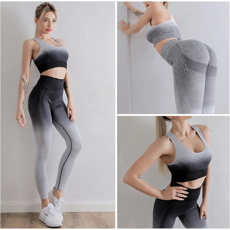 

Бесшовный комплект для йоги, женская одежда для фитнеса, спортивная одежда, Женские Бесшовные Спортивные Леггинсы с эффектом омбре для трен...