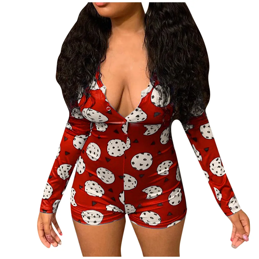 Женское пикантное боди с принтом и V-образным вырезом цельный Пижамный