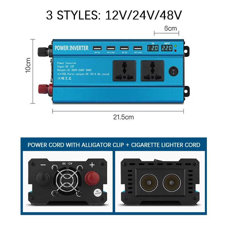 Автомобильное зарядное устройство для инвертора 2000 Вт 12/24/48/60 В переменного тока