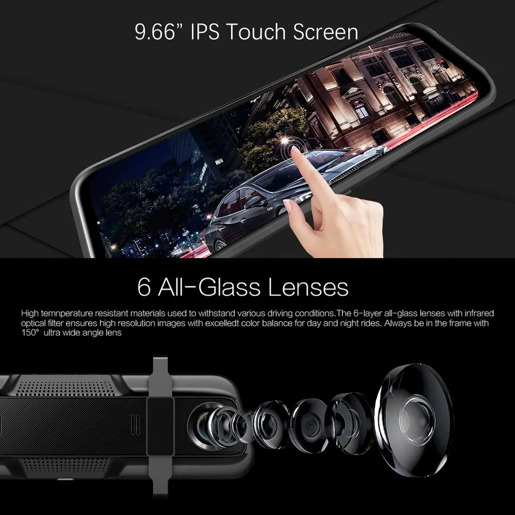 T12+ 9.66 inch Touch Screen DVR Car Camera Dual Lens Dash Cam Driving Recorder Night Vision DVR