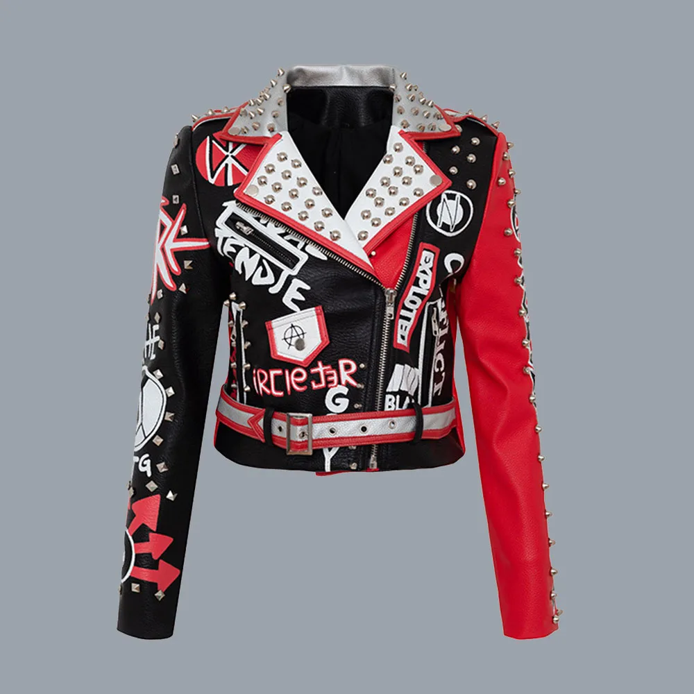 

Rosetic 2021 New Red Rivet PU Leather Jacket Women Graffiti Letter Outerwear Punk Rock Motorcycle Jackets Coats Autumn Winter
