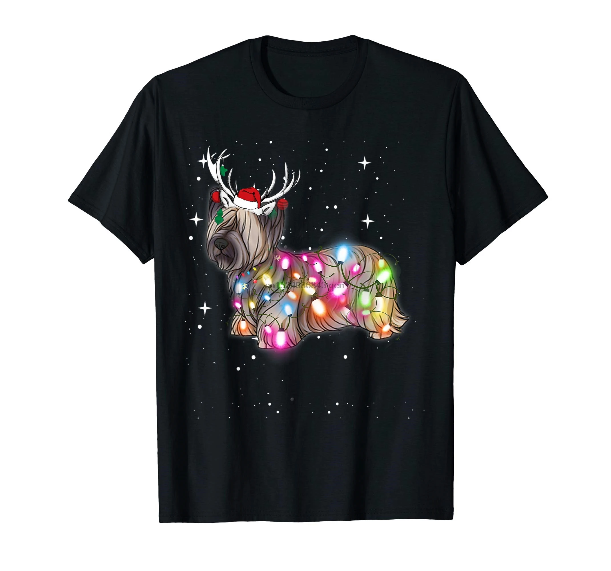 Christmas Lights Skye Terrier Dog T-Shirt-Men's T-Shirt-Black | Мужская одежда