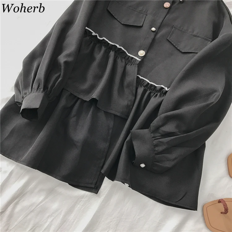 Woherb/женские блузки, топы, Повседневная рубашка с длинным рукавом, нерегулярные лоскутные рубашки с оборками, черные офисные Блузы с воротником-стойкой