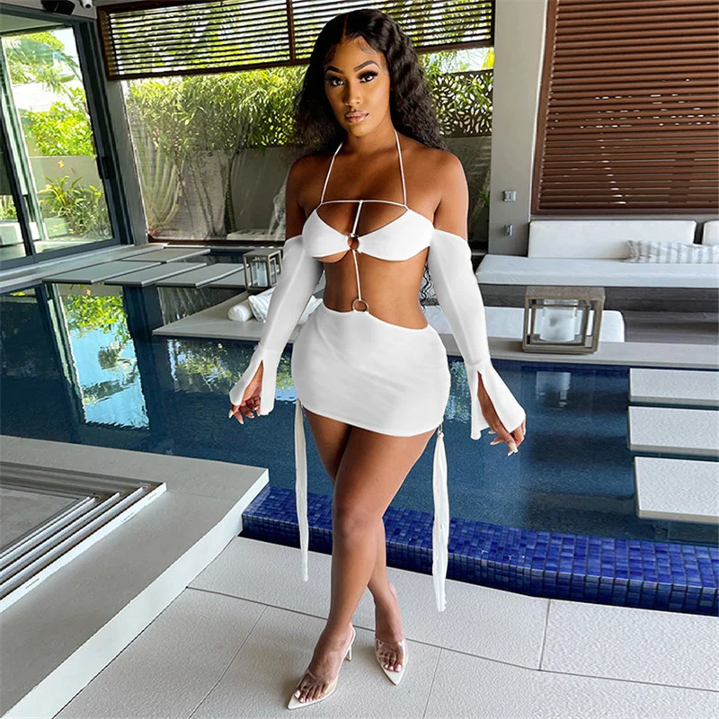 

hirigin Sexy Mesh Sheer Party Dress Clubwear Outfits Women 2021 See Through Off Shoulder Backless Hollow Out Slim Mini Dress