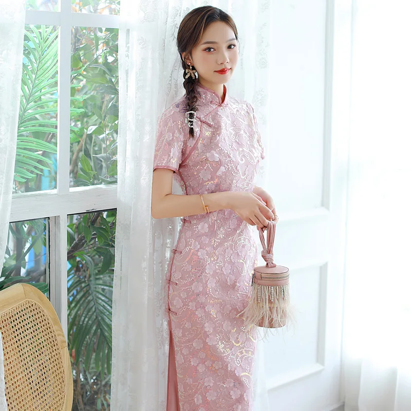 

Chinese traditional party weeding bridal gown wear pink Cheongsam dresses