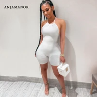 anjamanor sexy backless halter bodycon jumpsuit women summer ribbed knitted rompers shorts 2021 clubwear playsuit d27 bi19