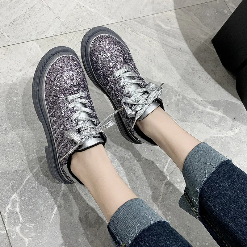 Женские кроссовки с золотыми блестками блестящие Блестящие модные Лоферы туфли
