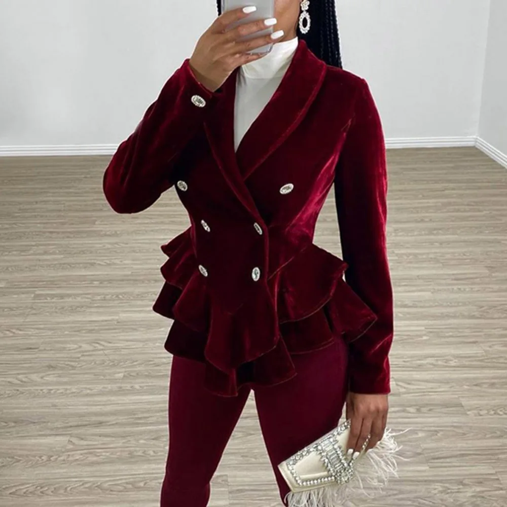 Winter Vintage Red Velvet Women Jackets Elegant Office Ladies Peplum Ruffle Long Sleeve Slim Tailored Coat Female 2019 | Женская одежда