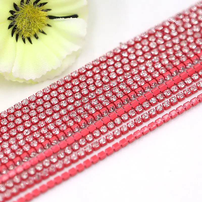 Crystal glass Rhinestone Chain with Colorful bottom sew on stone Cup Chain Gule on Rhinestone Trim DIY  Accessories