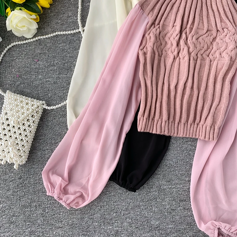ALPHALMODA осень-зима модный свитер со жгутами фонарь длинный рукав шифон пэчворк повседневные женские пуловеры вязаный джемпер
