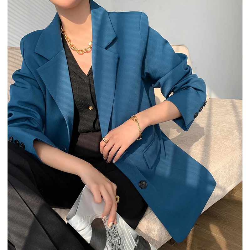 Blue Suit Jacket Woman Solid Long Sleeve Casual Spring Autumn Korean Style British Notched Blazer Jackets Feminino | Женская одежда