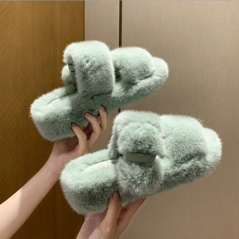

Women's thick bottom rabbit fur slippers, women's slope heels, women's slippers in autumn and winter, women's fur shoes