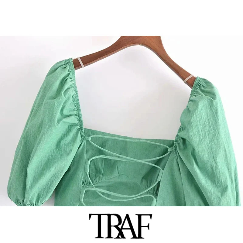 

TRAF Women Fashion With Elastic Trims Cropped Blouses Vintage Short Sleeve Back Cross Straps Female Shirts Chic Tops