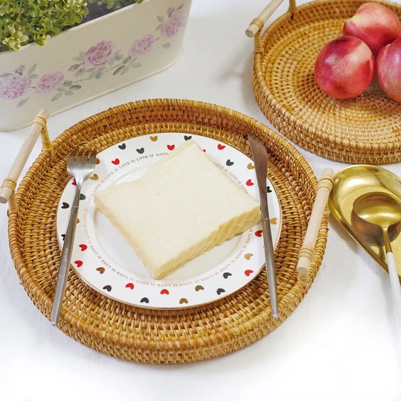 Hand-woven Rattan Round Storage Basket Tray With Wooden Handle Wicker Bread Fruit Cake Food Plate Decorative Serving | Дом и сад