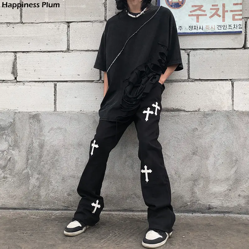 

New 2021 hiphop printed cross overalls casual loose retro high waist trousers streetwear gothic pants for men and women