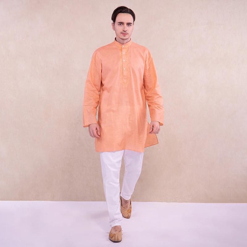 Индийская одежда Kurtha для мужчин Kurtis в этническом стиле оранжевая рубашка белые