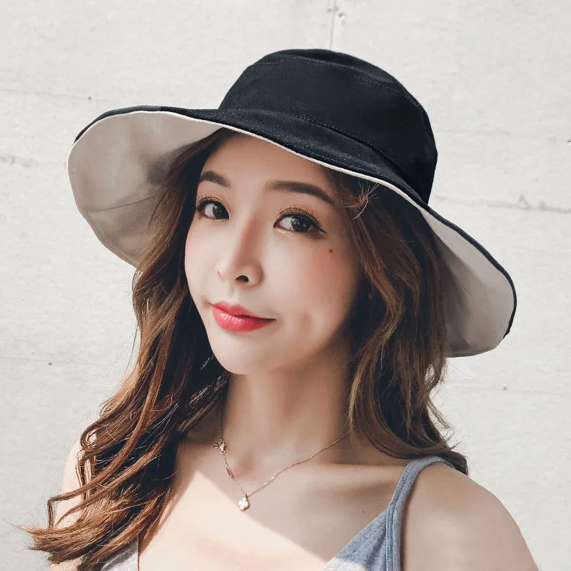 Wide Brim Cotton Bucket Hat Reversible for Women Summer Hiking Anti-sunburn White Fisherman Caps Ladies Fashion Pink Bucket Hat - Цвет: Color 2