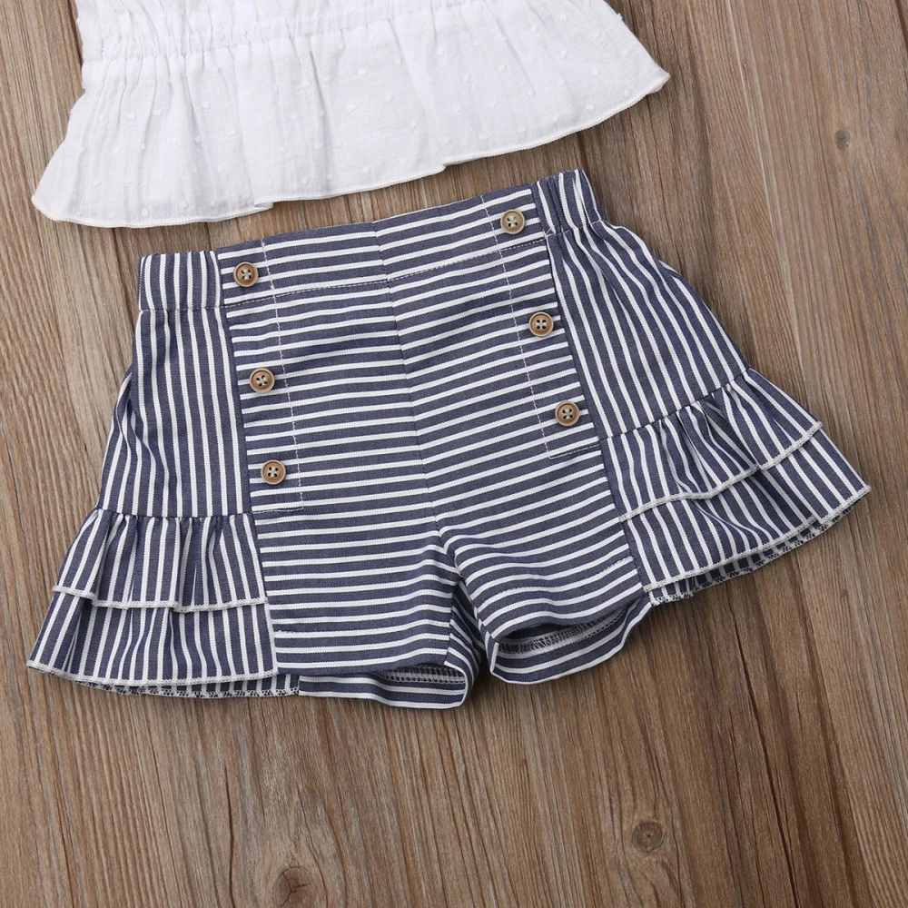 Летние Новорожденные Девочки Малыши топы с рюшами + шорты в полоску Комплект