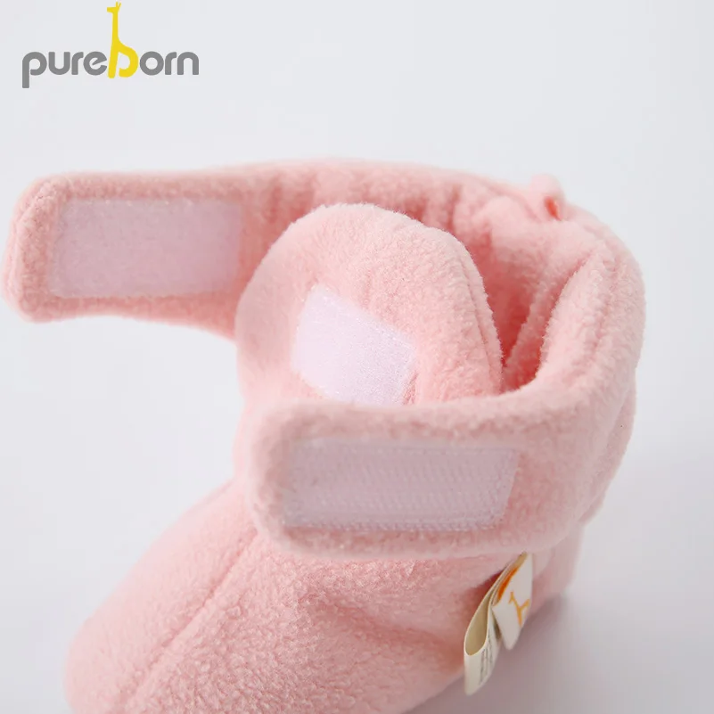 Pureborn/Обувь для новорожденных; Hookloop; мягкая подошва; обувь для маленьких девочек; Флисовые Тапочки для маленьких мальчиков; однотонные зимние Первые ходунки