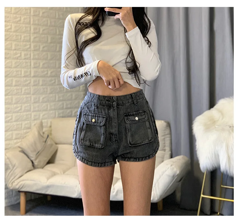 

Casual Tooling Denim Shorts Women's Spring And Summer New Loose And Thin Large Pockets High Waist Wide Leg Shorts