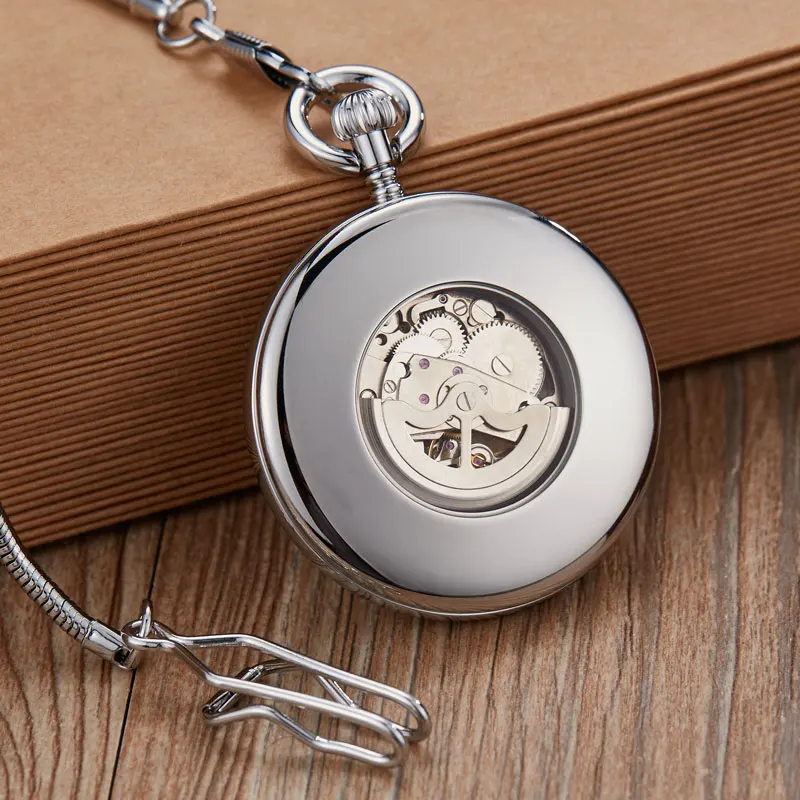 Luxury Copper Silver Automatic Mechanical Pocket Watch Clock Fob Chain Watch Men Roman Numbers Clock High Quality Pocket watches images - 6