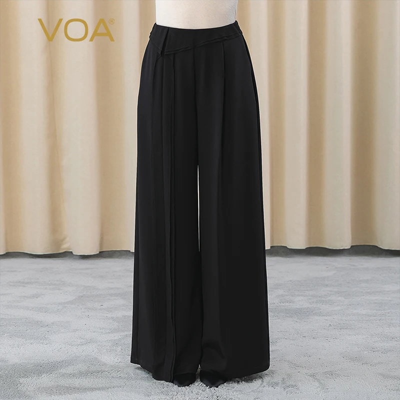 

VOA Silk 36m/m Elastic Heavy Crepe Black Pants Straight Tube Simple Waist-to-silk Diagonal Pocket Wide Leg Trousers KE308