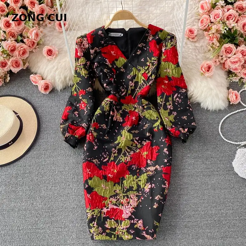 

New Fall Vintage Luxury Bag Hip Dress Women V-neck Puff Sleeve Print Slim Fit Slit Party Ball Gown Dresses Designer Dress 2021