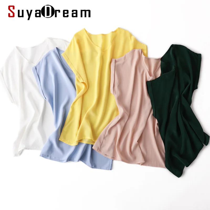 SuyaDream Women Silk Blouse 100%Real Silk Solid Short Sleeved V neck Blouses 2020 Spring Summer Shirt