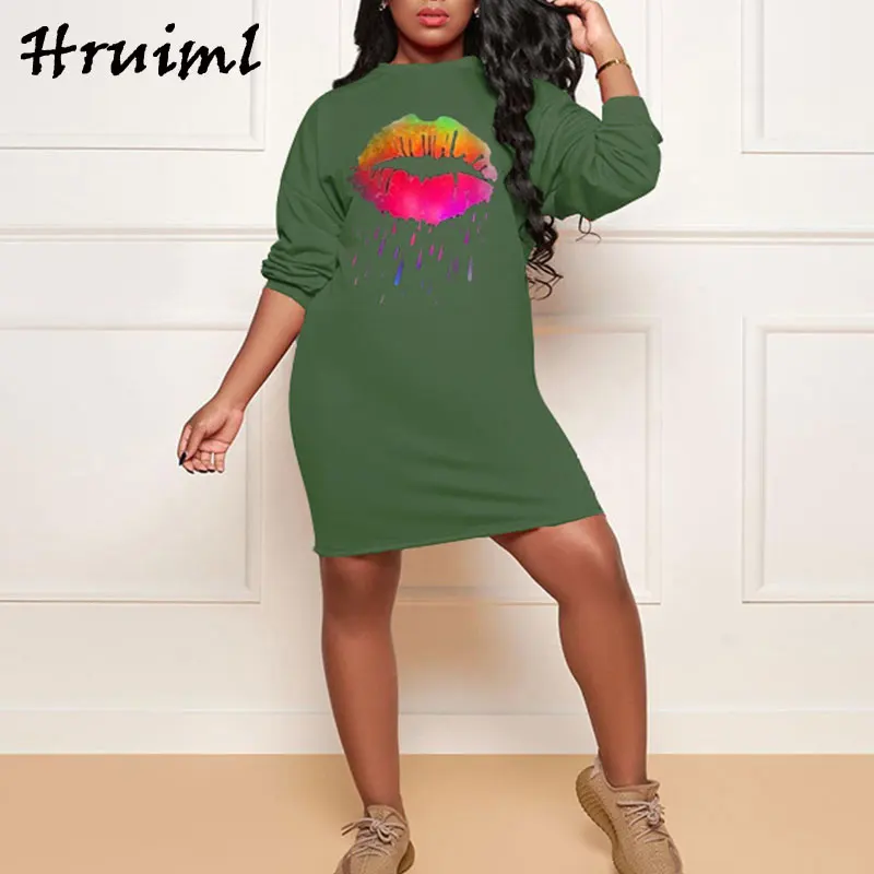 

Long Sleeve Dress Women Fashion Lips Printing Solid Casual Loose Autumn Dress Hot Sale Party Home Style Vestido De Mujer