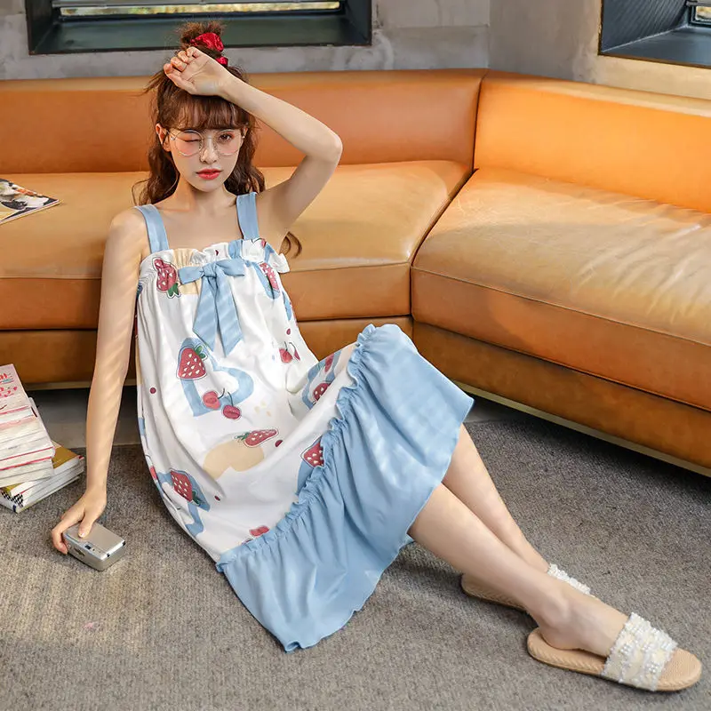 Night Skirt Summer New Style Suspenders Cotton Plaid Cartoon Cute Korean Sweet Ins Sleeveless Home Service Women Night Gown