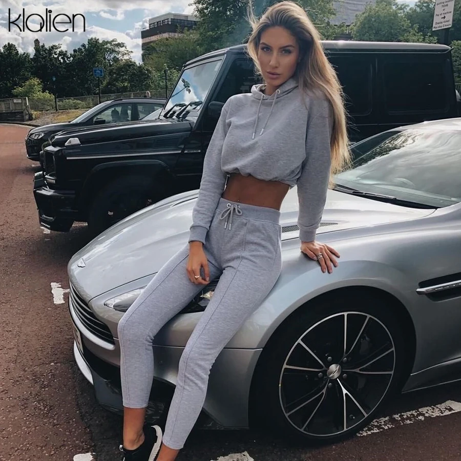 KLALIEN хлопок однотонный длинный рукав шнурок с капюшоном топы + длинные штаны 2019