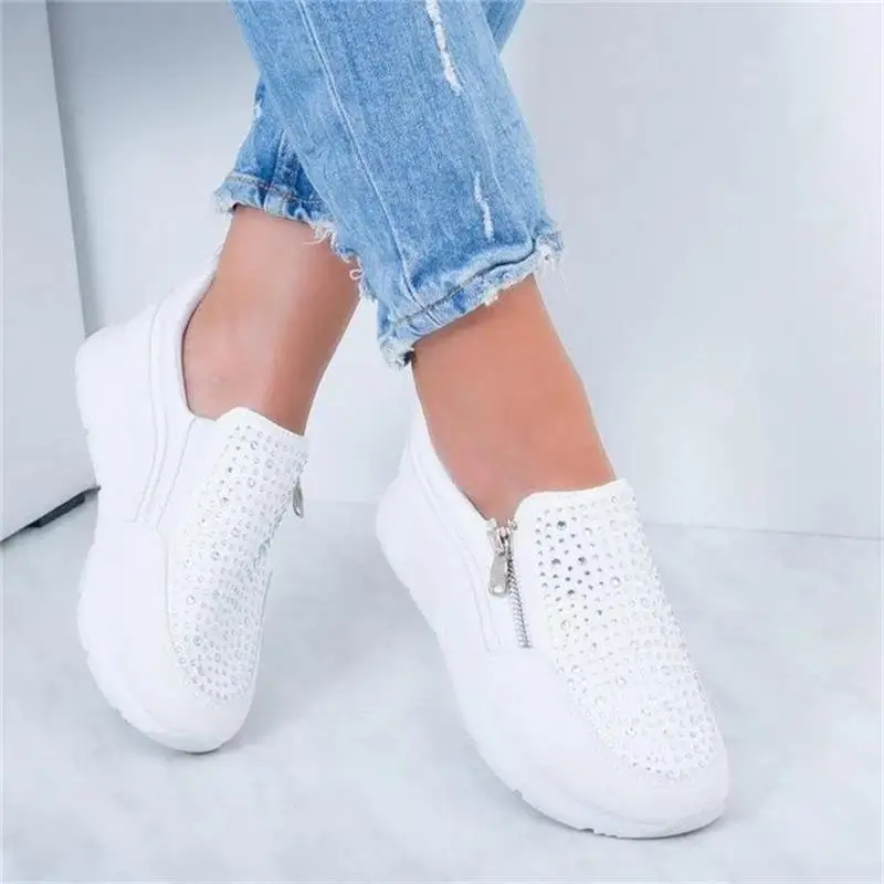 

Women Crystal Sneakers Spring Summer Casual Zipper Flat Shoes Women Non-slip Breathable Outdoor Vulcanized Shoes Woman