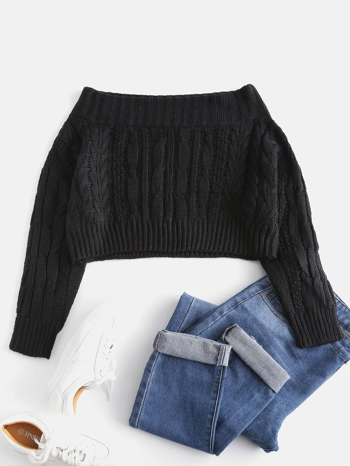 ZAFUL Sweaters Off The Shoulder Chunky Cable Knit Sweater Jumper Knitted Long Sleeve Pullovers Tops Crop Streetwear Fall | Женская