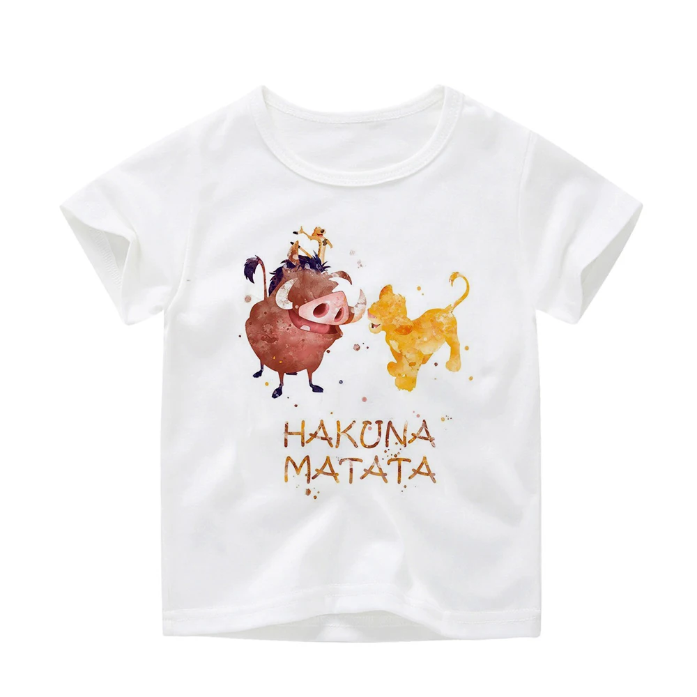 Летние детские футболки Забавные для мальчиков с принтом животных HAKUNA MATATA топы