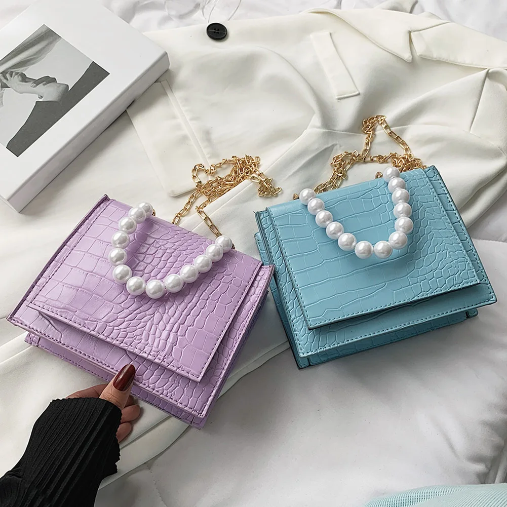 

Fashion Women PU Leather Pure Color Alligator Pattern Shoulder Crossbody Messenger Bag Casual Ladies Pearl Chain Small Handbags