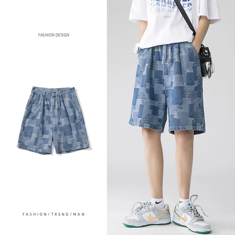 Мужские летние повседневные свободные джинсовые шорты в клетку - Цена: 1501.66