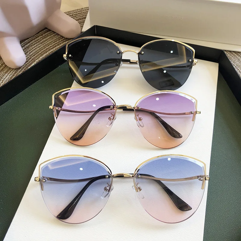 

Oulylan Cat Eye Sunglasses Women Luxury Rimless Gradient Sun Glasses Clear Ocean Color Lenses Shades Ladies Sunglass UV400