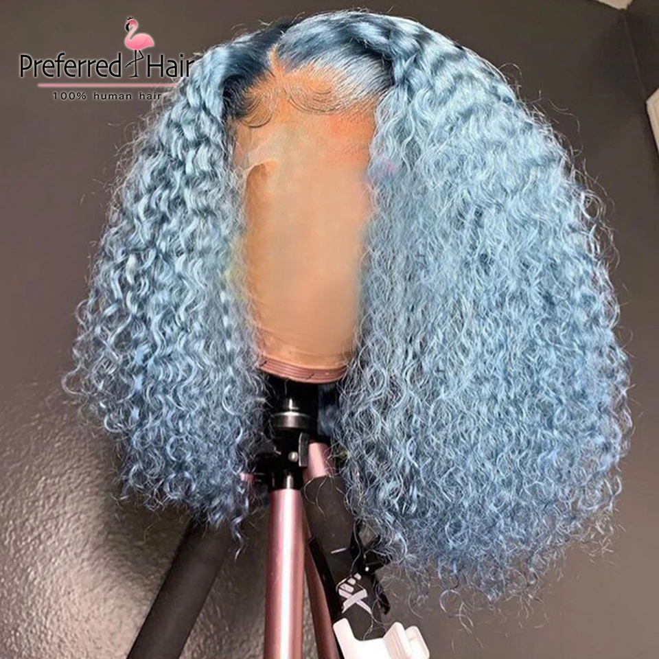 

Preferred Kinky Curly Human Hair Wig Orange Baby Blue Lime Green 180 Density Lace Front Wig Brazilian Remy Transparent Lace Wigs