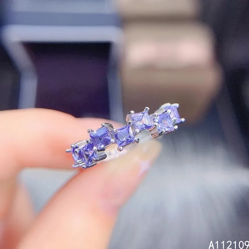 Fine Jewelry 925 Sterling Silver Inset With Natural Gemstone Women's Popular Fashion Square Tanzanite Adjustable Row Ring Suppor